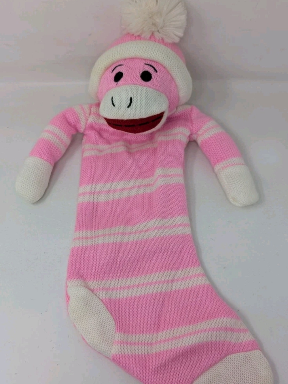 Soft Pink Striped Sock Monkey Hand Puppet - Kids Toy